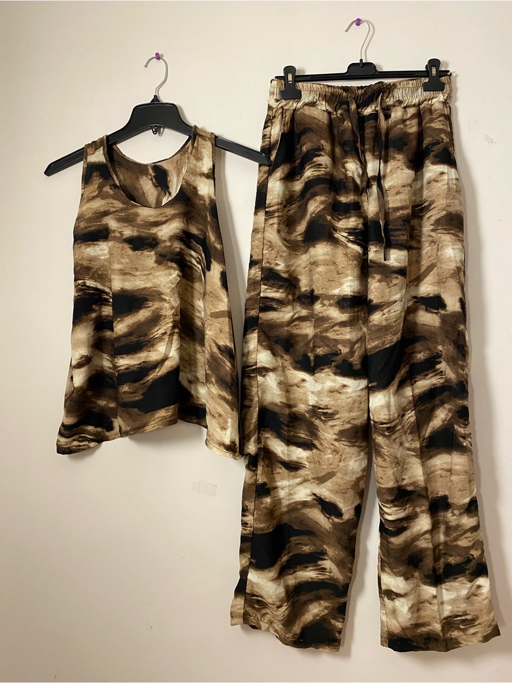 Wide Leg Pants Set - Brown Swirl Print